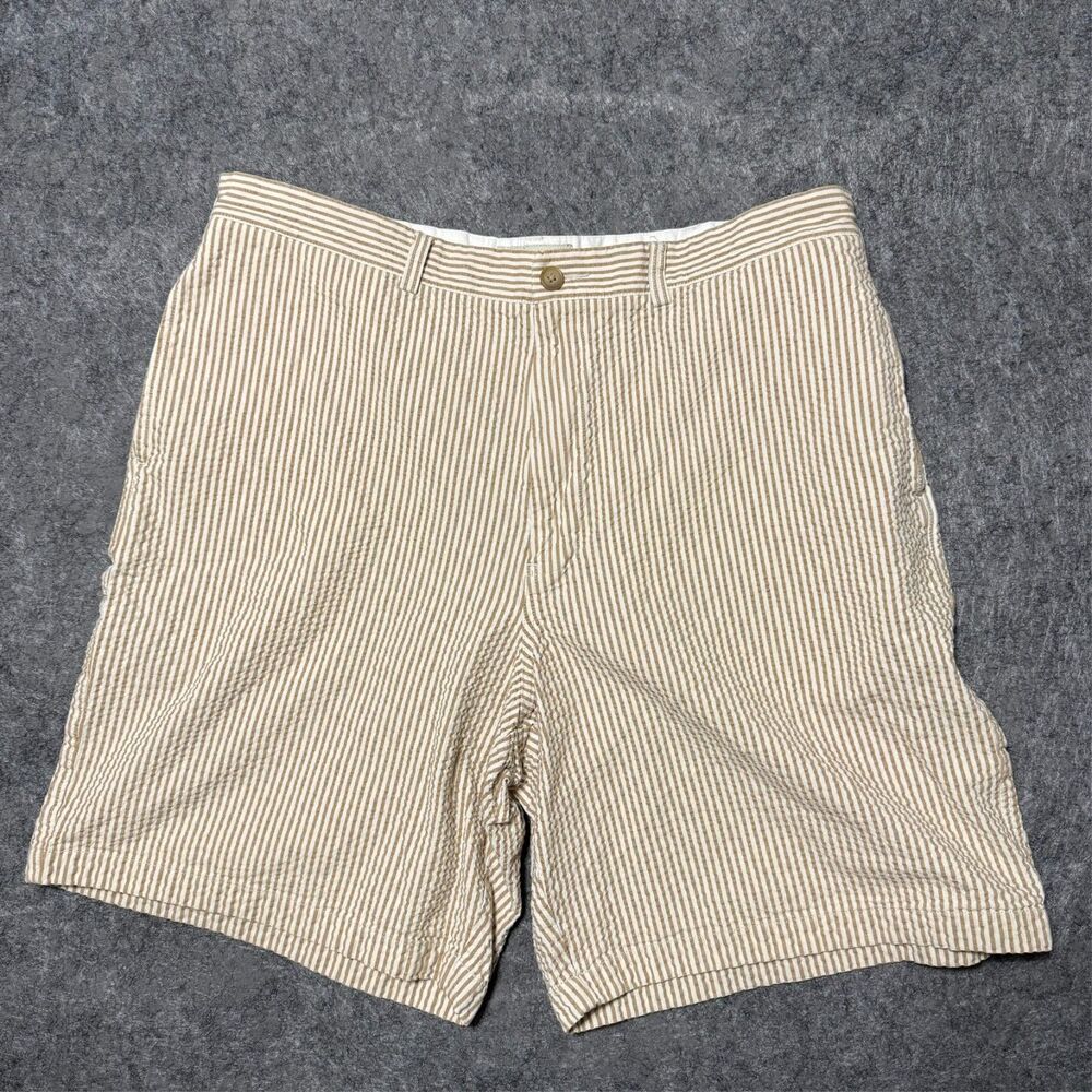 J Crew Mens Shorts Size 38 Tan Beige Seersucke Striped 100% Cotton Chino Casual